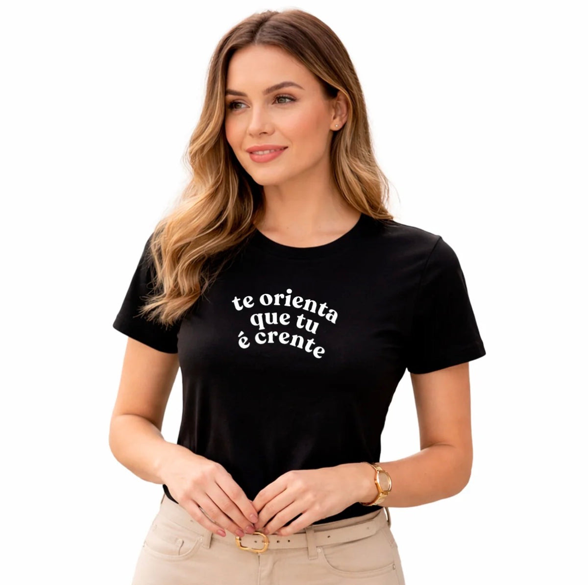 Camiseta Feminina Preta “Te orienta que tu é crente”