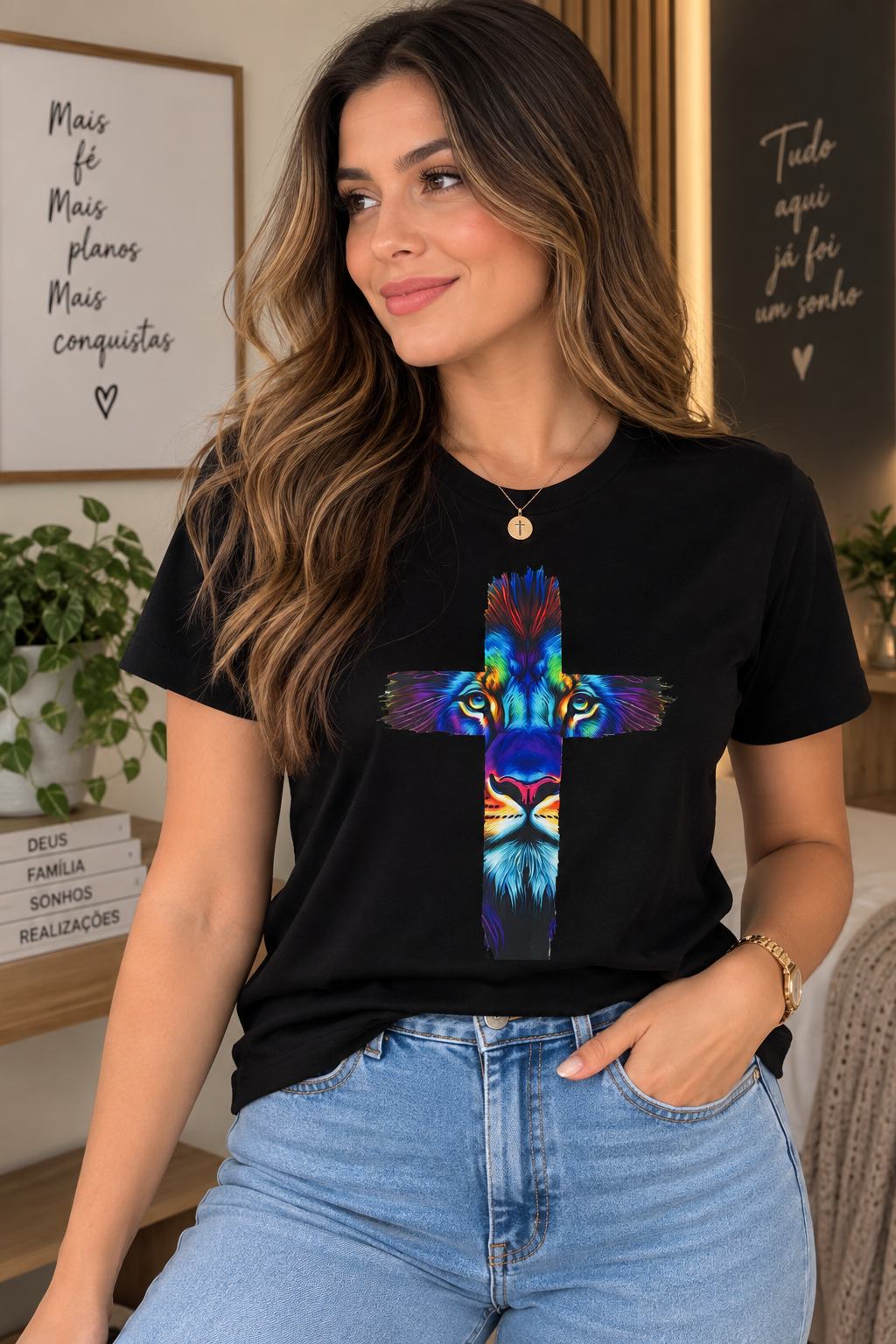 Camiseta Feminina “Cruz, Leão colorido”