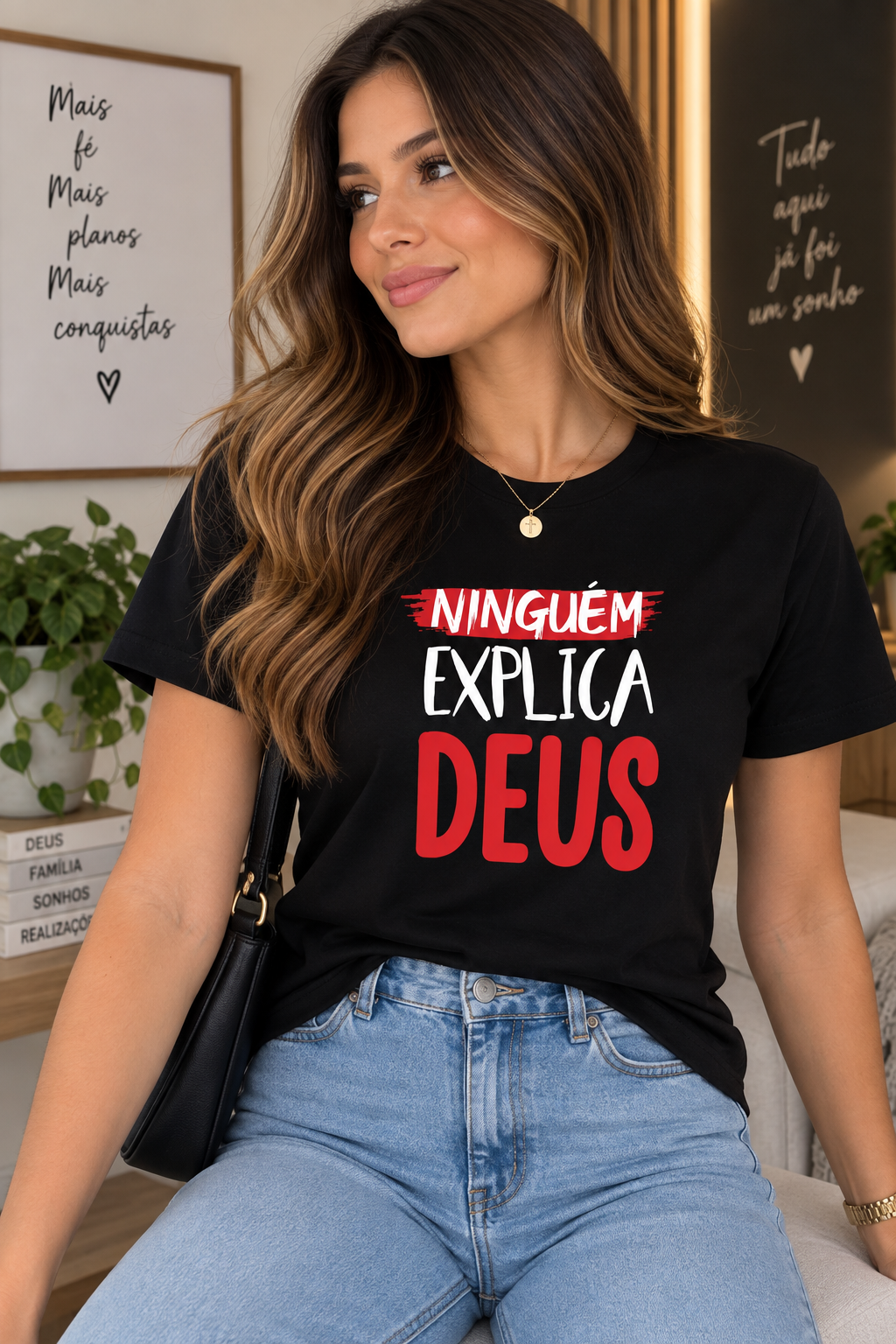 Camiseta Feminina Preta “Ninguém Explica Deus”