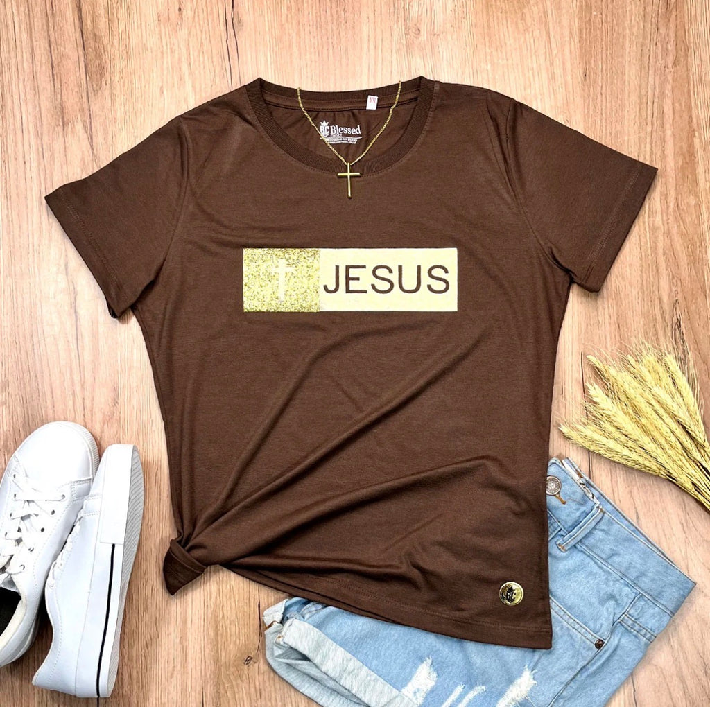Camiseta Feminina marrom “Cruz, Jesus” com aplique em gliter
